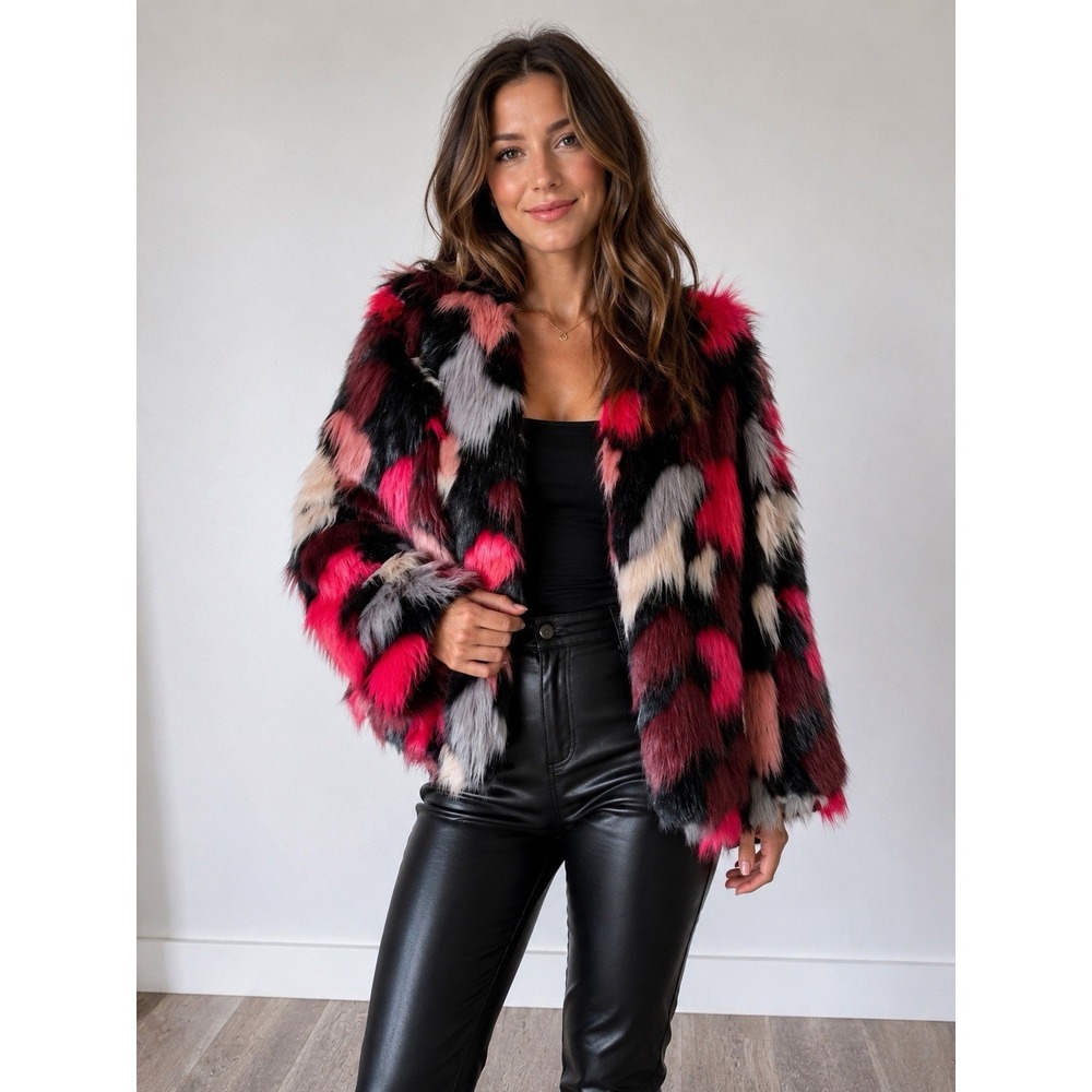 Selfie Leslie Ronan Y2K Faux Fur Jacket M/L Pink Patchwork Coat